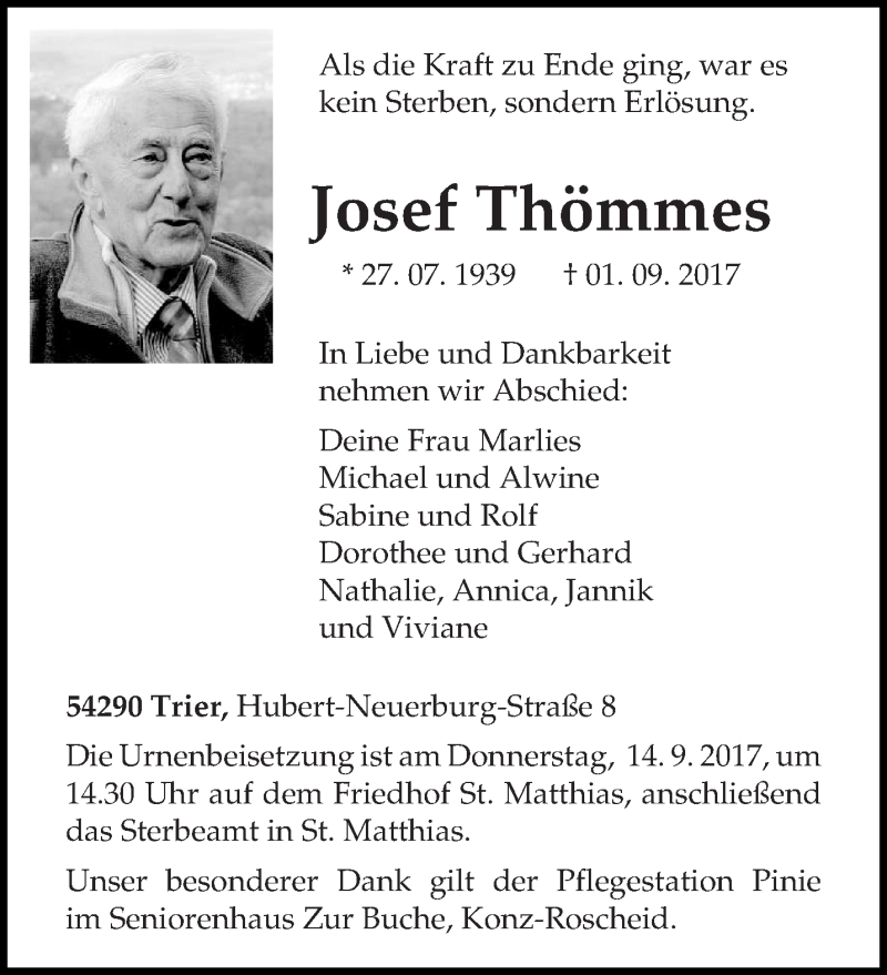 Traueranzeige für Josef Thömmes vom 09.09.2017 aus trierischer_volksfreund