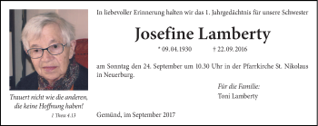 Traueranzeige von Josefine Lamberty von trierischer_volksfreund