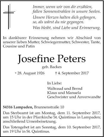 Traueranzeige von Josefine Peters von trierischer_volksfreund