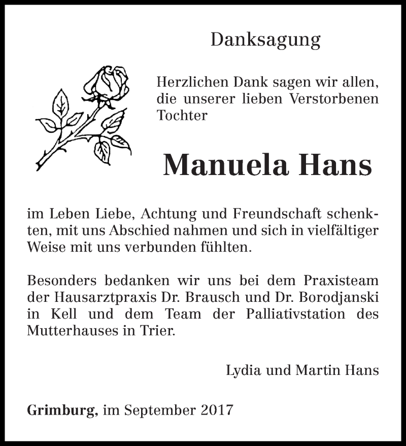  Traueranzeige für Manuela Hans vom 16.09.2017 aus trierischer_volksfreund