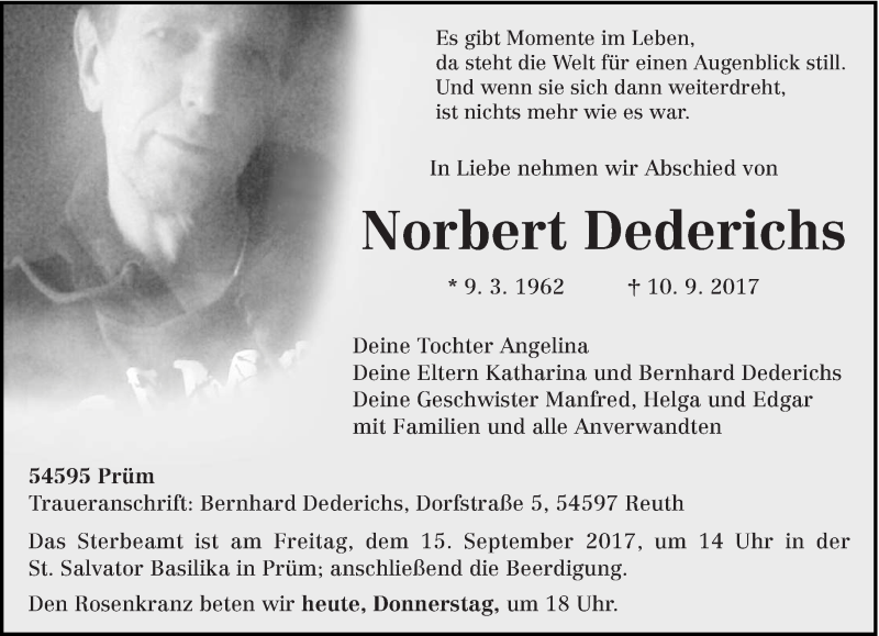  Traueranzeige für Norbert Dederichs vom 14.09.2017 aus trierischer_volksfreund