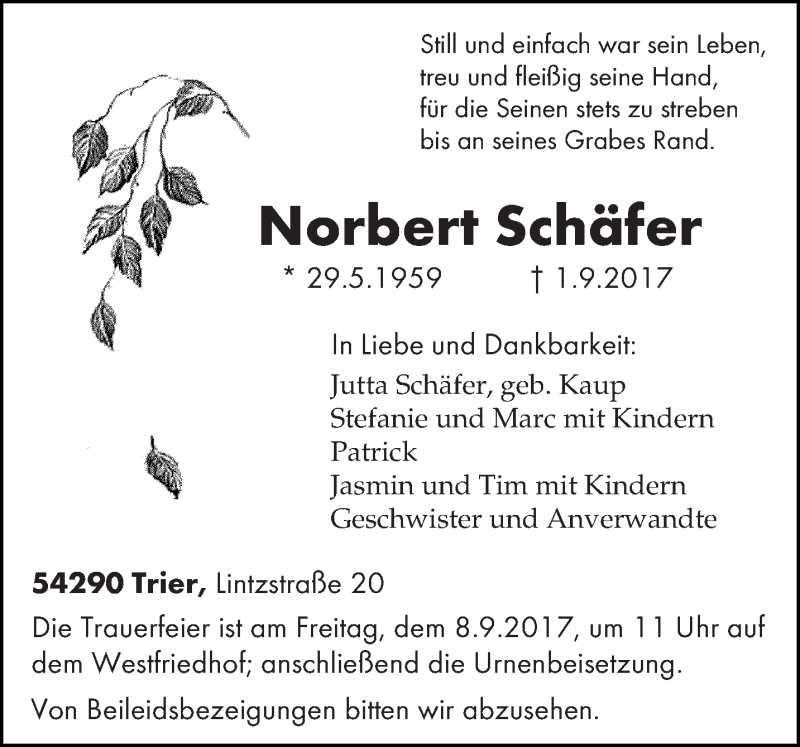  Traueranzeige für Norbert Schäfer vom 05.09.2017 aus trierischer_volksfreund