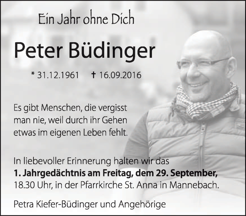  Traueranzeige für Peter Büdinger vom 23.09.2017 aus trierischer_volksfreund