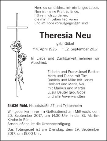 Traueranzeige von Theresia Neu von trierischer_volksfreund