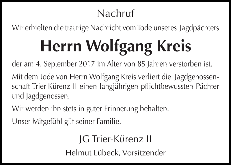  Traueranzeige für Wolfgang Kreis vom 16.09.2017 aus trierischer_volksfreund