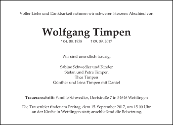 Traueranzeige von Wolfgang Timpen von trierischer_volksfreund