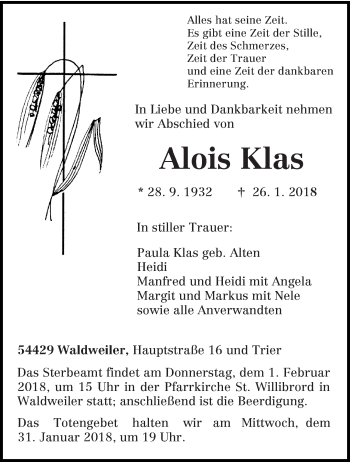 Traueranzeige von Alois Klas von trierischer_volksfreund