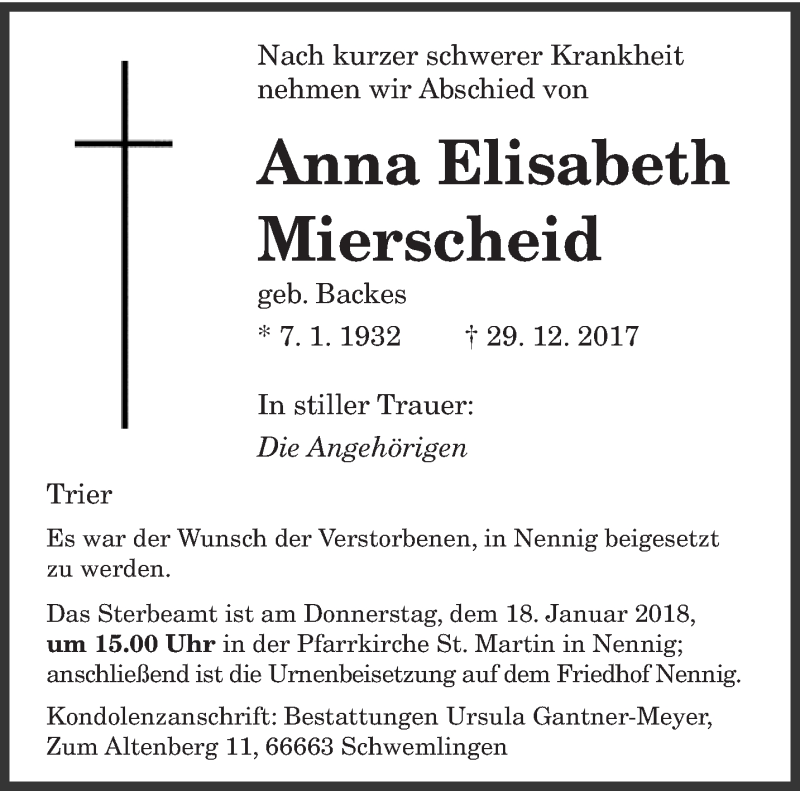  Traueranzeige für Anna Elisabeth Mierscheid vom 10.01.2018 aus trierischer_volksfreund