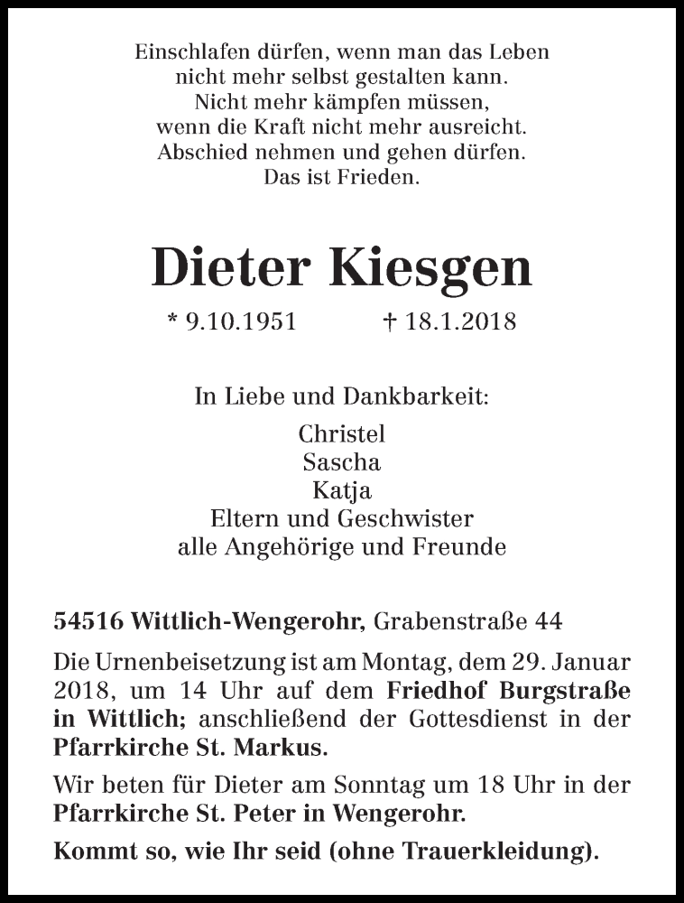  Traueranzeige für Dieter Kiesgen vom 24.01.2018 aus trierischer_volksfreund