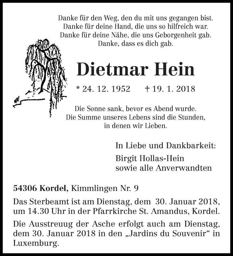  Traueranzeige für Dietmar Hein vom 24.01.2018 aus trierischer_volksfreund