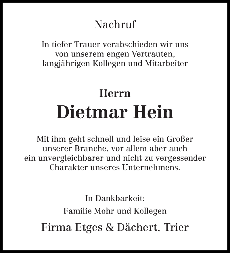  Traueranzeige für Dietmar Hein vom 24.01.2018 aus trierischer_volksfreund