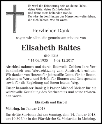 Traueranzeige von Elisabeth Baltes von trierischer_volksfreund