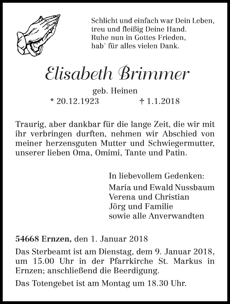  Traueranzeige für Elisabeth Brimmer vom 05.01.2018 aus trierischer_volksfreund