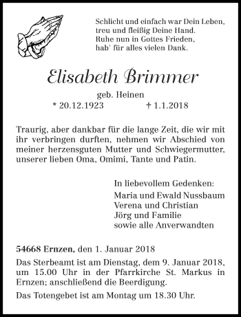 Traueranzeige von Elisabeth Brimmer von trierischer_volksfreund