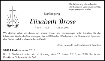 Traueranzeige von Elisabeth Brose von trierischer_volksfreund