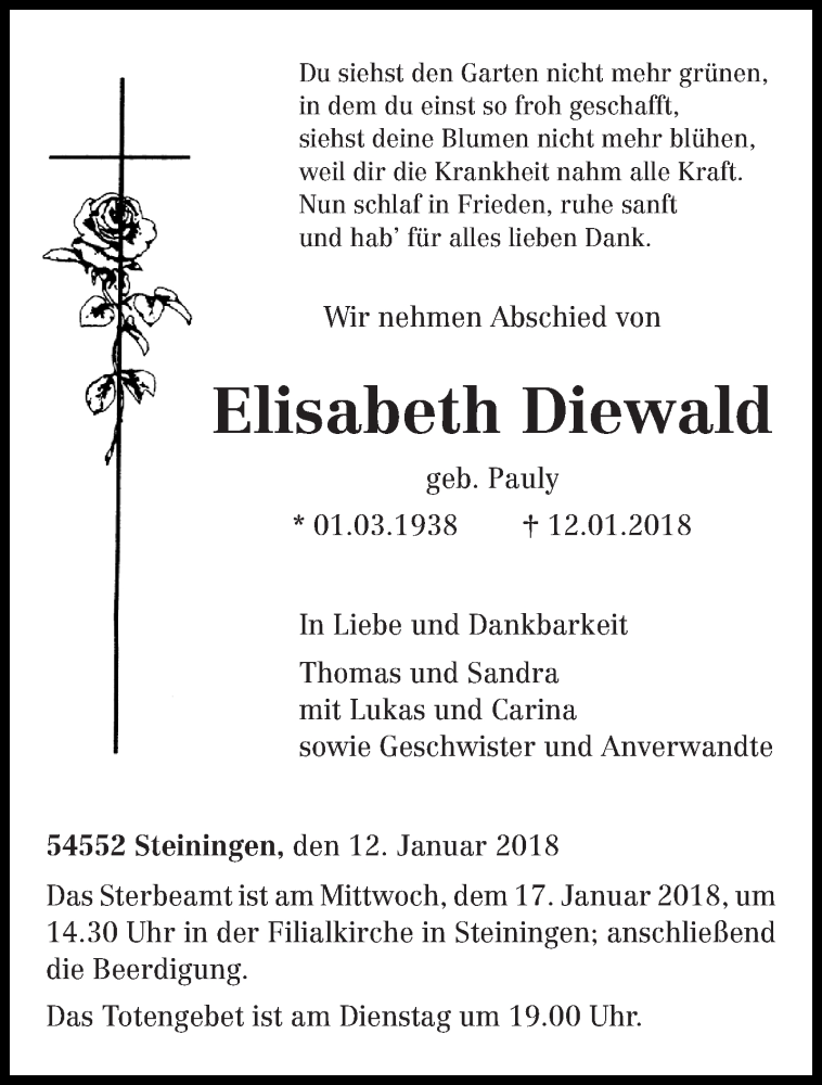  Traueranzeige für Elisabeth Diewald vom 15.01.2018 aus trierischer_volksfreund
