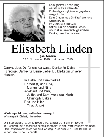 Traueranzeige von Elisabeth Linden von trierischer_volksfreund