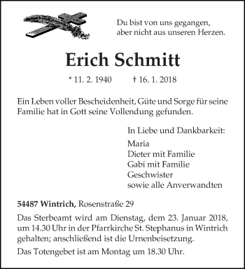 Traueranzeige von Erich Schmitt von trierischer_volksfreund