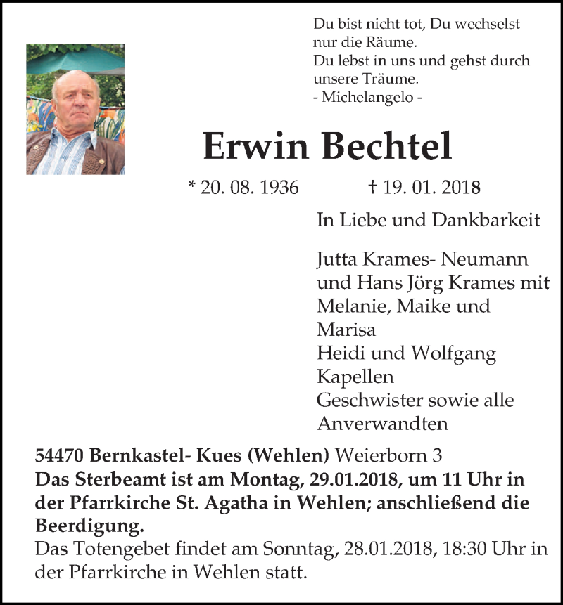  Traueranzeige für Erwin Bechtel vom 25.01.2018 aus trierischer_volksfreund