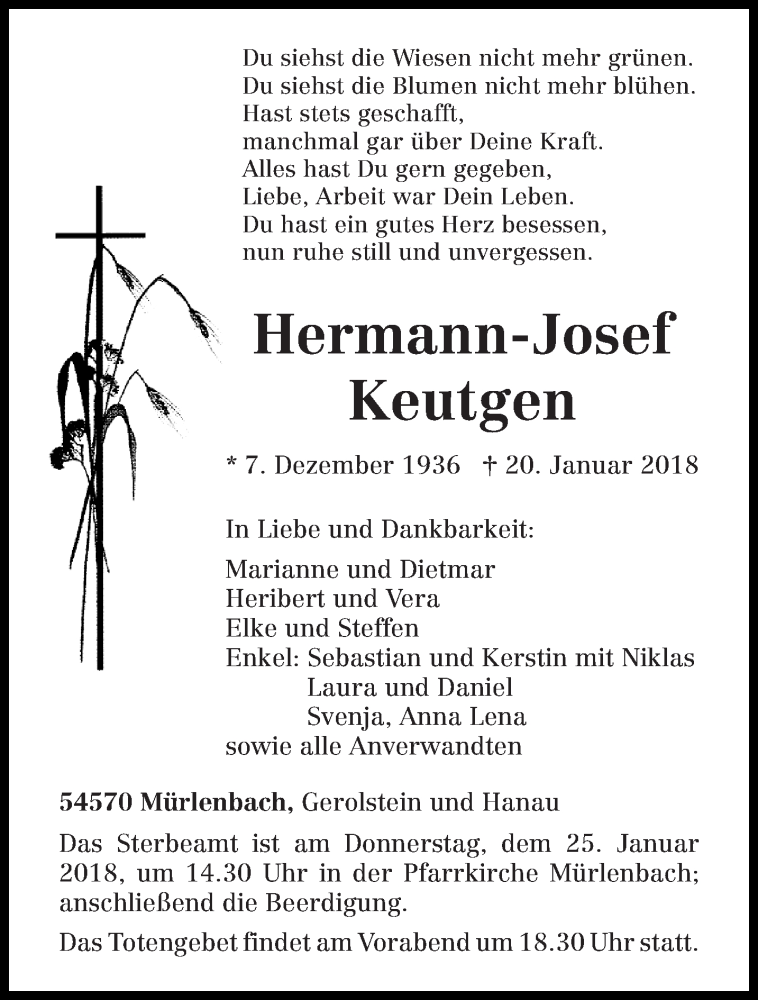  Traueranzeige für Hermann-Josef Keutgen vom 22.01.2018 aus trierischer_volksfreund