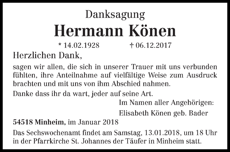  Traueranzeige für Hermann Könen vom 12.01.2018 aus trierischer_volksfreund