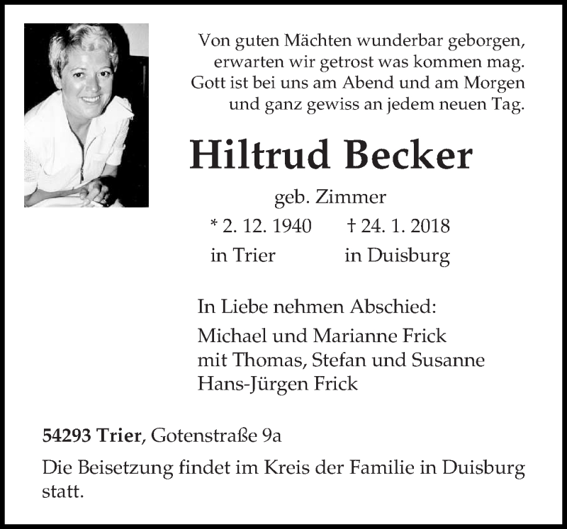  Traueranzeige für Hiltrud Becker vom 30.01.2018 aus trierischer_volksfreund