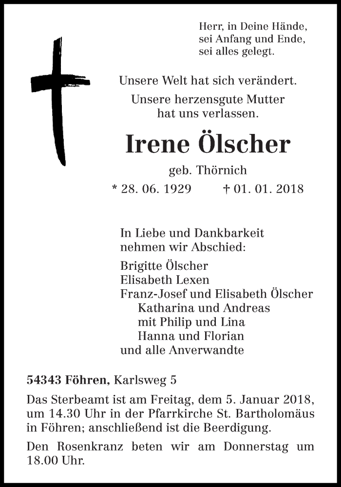  Traueranzeige für Irene Ölscher vom 03.01.2018 aus trierischer_volksfreund