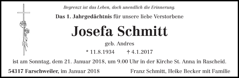  Traueranzeige für Josefa Schmitt vom 17.01.2018 aus trierischer_volksfreund