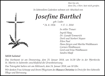 Traueranzeige von Josefine Barthel von trierischer_volksfreund