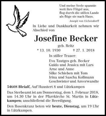 Traueranzeige von Josefine Becker von trierischer_volksfreund
