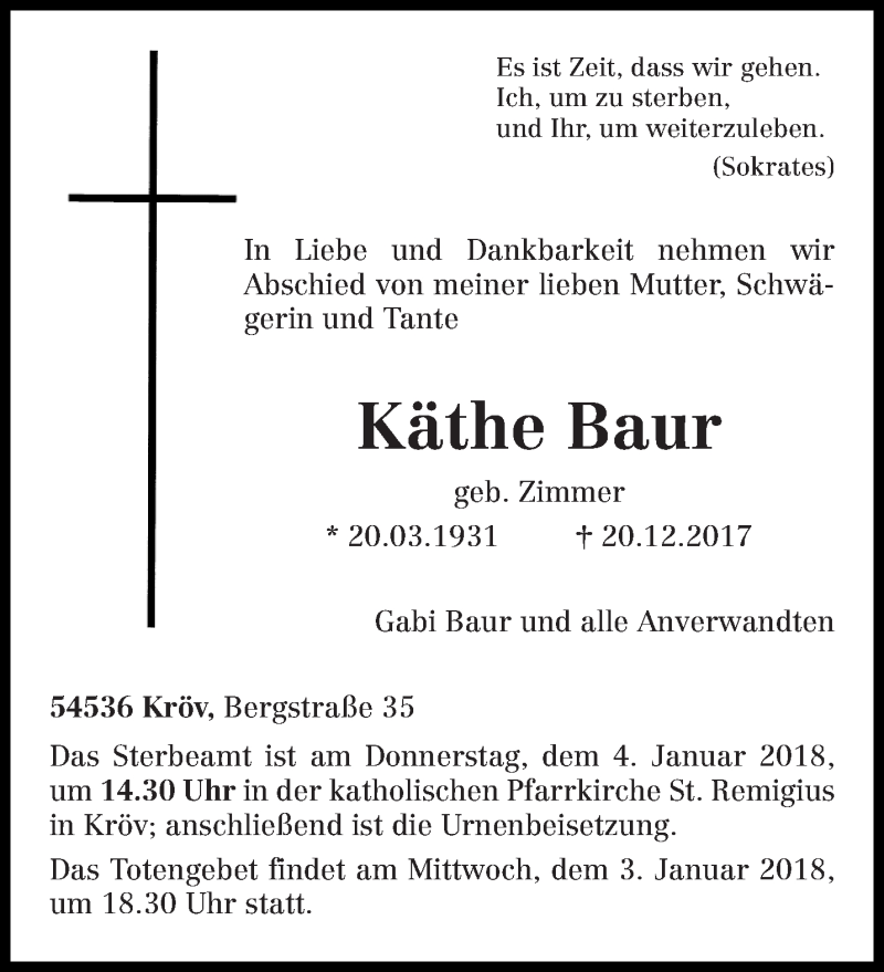  Traueranzeige für Käthe Baur vom 03.01.2018 aus trierischer_volksfreund
