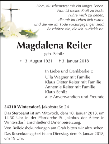 Traueranzeige von Magdalena Reiter von trierischer_volksfreund
