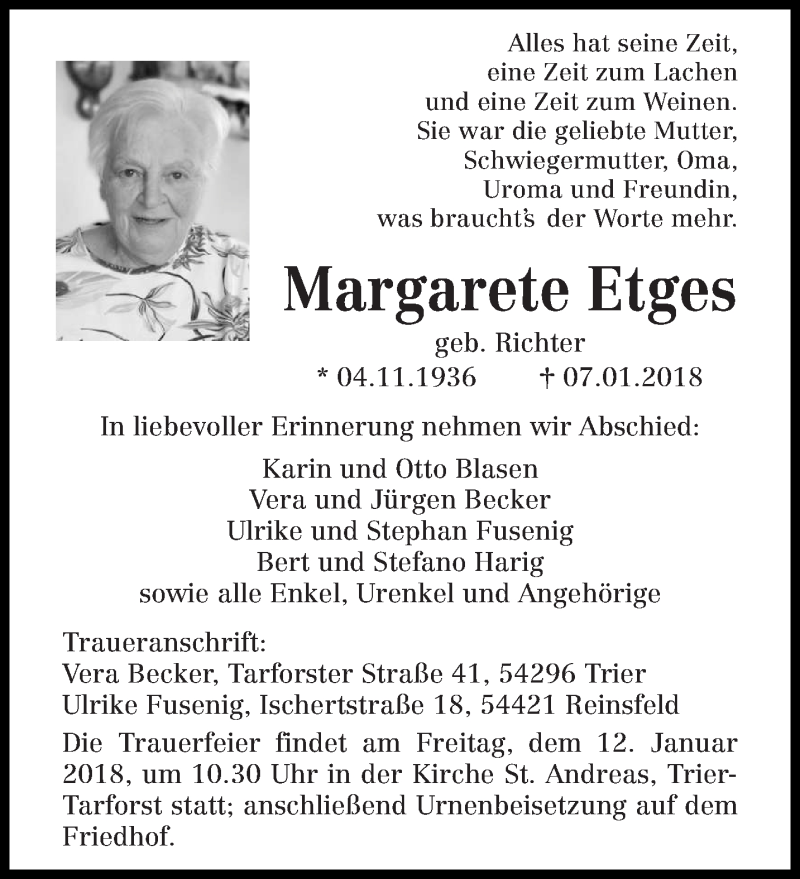  Traueranzeige für Margarete Etges vom 10.01.2018 aus trierischer_volksfreund