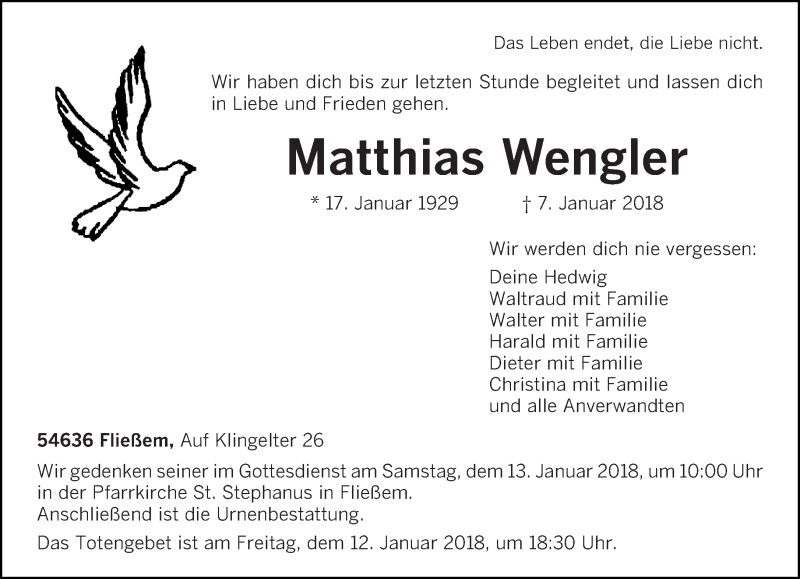  Traueranzeige für Matthias Wengler vom 09.01.2018 aus trierischer_volksfreund