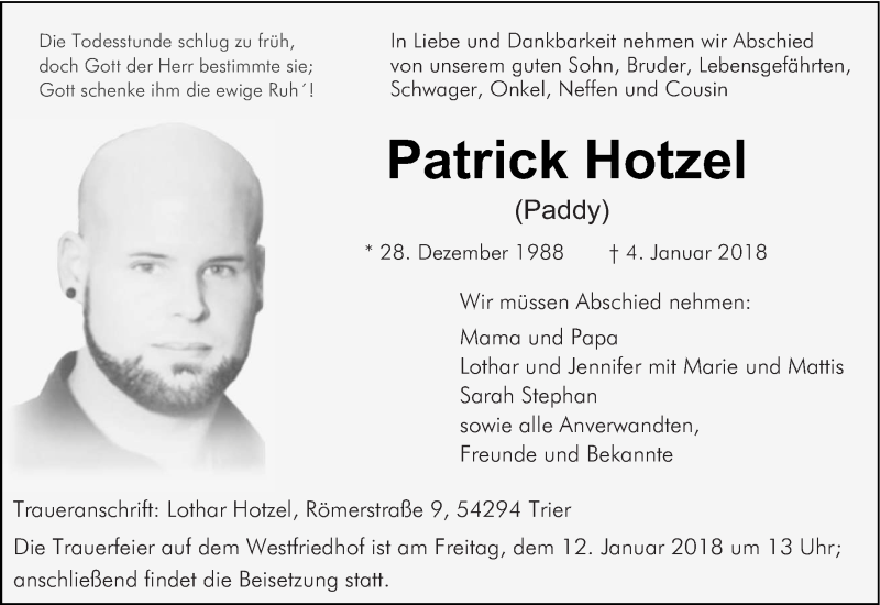  Traueranzeige für Patrick Hotzel vom 09.01.2018 aus trierischer_volksfreund