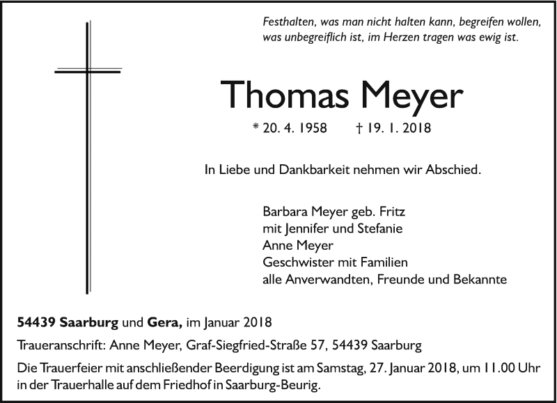  Traueranzeige für Thomas Meyer vom 24.01.2018 aus trierischer_volksfreund