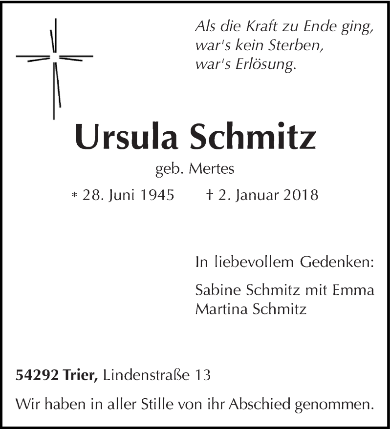  Traueranzeige für Ursula Schmitz vom 11.01.2018 aus trierischer_volksfreund