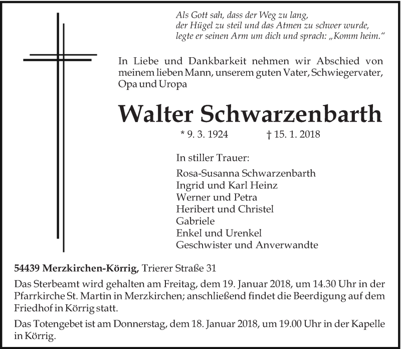  Traueranzeige für Walter Schwarzenbarth vom 17.01.2018 aus trierischer_volksfreund