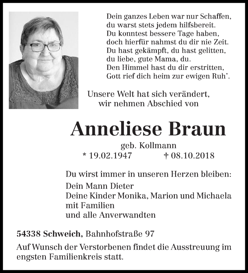  Traueranzeige für Anneliese Braun vom 13.10.2018 aus trierischer_volksfreund