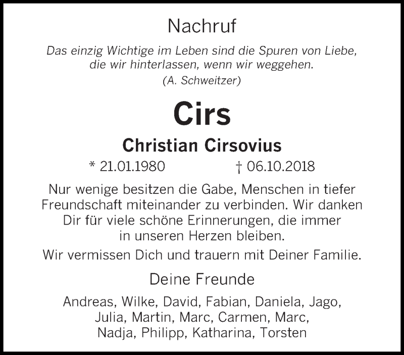  Traueranzeige für Christian Cirsovius vom 10.10.2018 aus trierischer_volksfreund