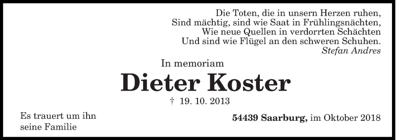  Traueranzeige für Dieter Koster vom 19.10.2018 aus trierischer_volksfreund