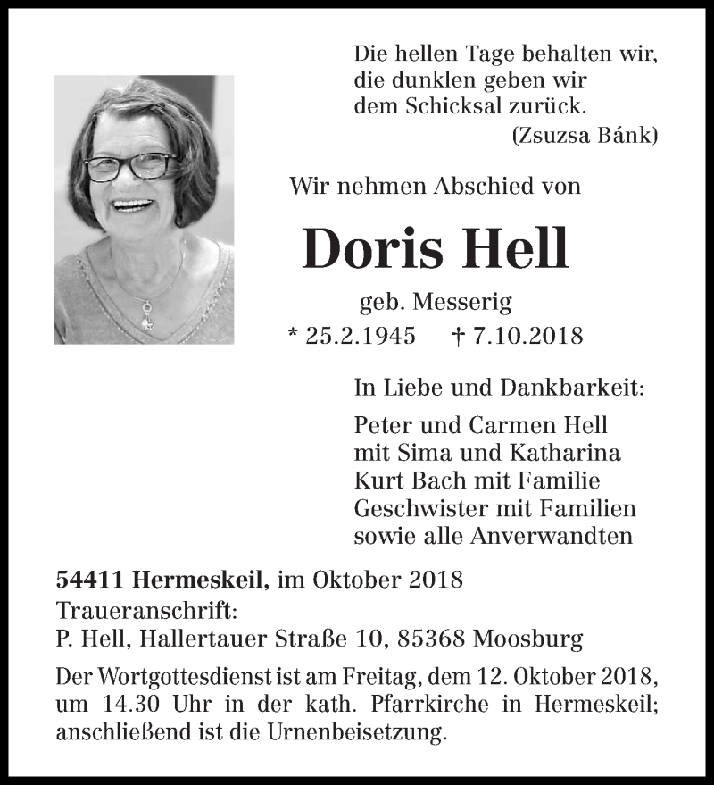  Traueranzeige für Doris Hell vom 09.10.2018 aus trierischer_volksfreund