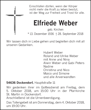 Traueranzeige von Elfriede Weber von trierischer_volksfreund