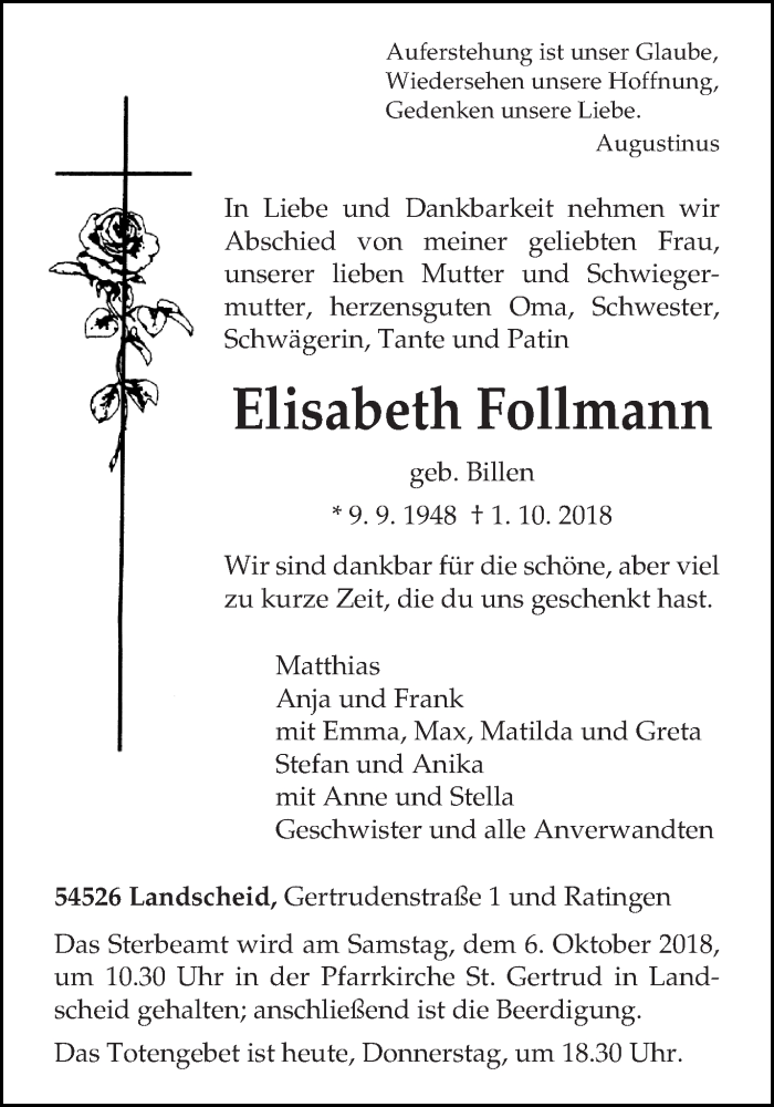 Traueranzeige für Elisabeth Follmann vom 04.10.2018 aus trierischer_volksfreund