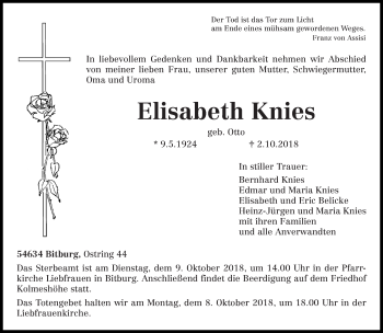 Traueranzeige von Elisabeth Knies von trierischer_volksfreund