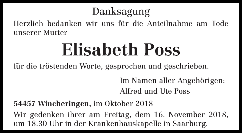  Traueranzeige für Elisabeth Poss vom 27.10.2018 aus trierischer_volksfreund