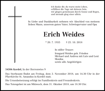 Traueranzeige von Erich Weides von trierischer_volksfreund