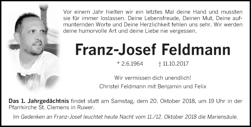  Traueranzeige für Franz-Josef Feldmann vom 11.10.2018 aus trierischer_volksfreund