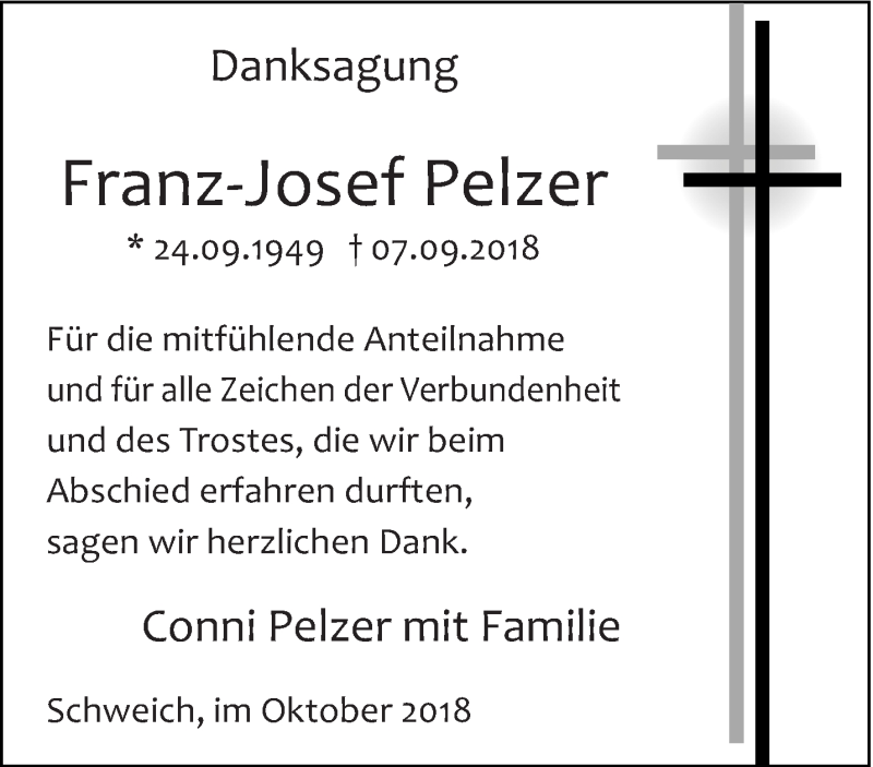  Traueranzeige für Franz-Josef Pelzer vom 13.10.2018 aus trierischer_volksfreund