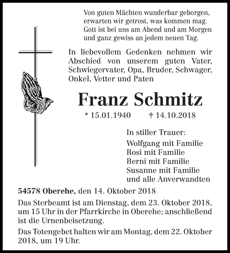  Traueranzeige für Franz Schmitz vom 19.10.2018 aus trierischer_volksfreund
